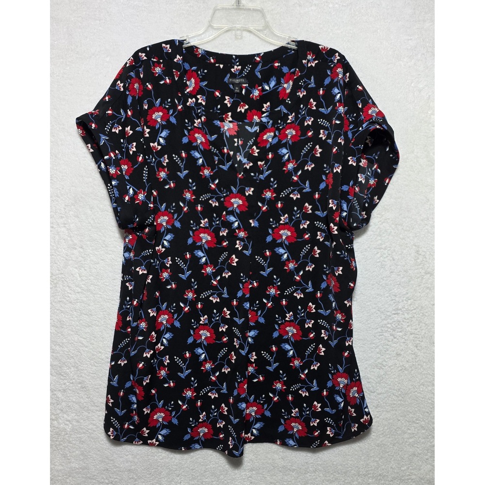 Talbots Women's Plus 3X Black Red Blue Floral Split Neck Short Sleeve Blouse Top